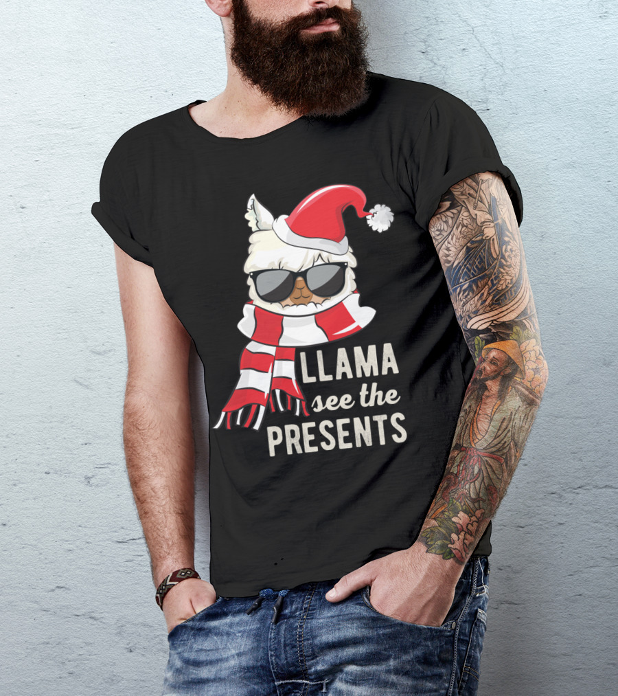 Llama See The Presents Funny Hat Xmas Alpaca Christmas Santa Scarf Sunglasses T-Shirt