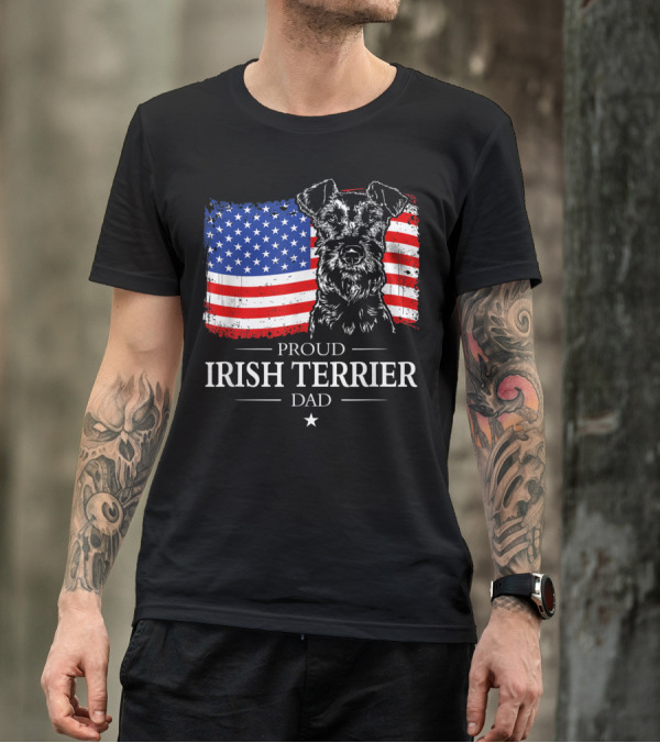 Proud Irish Terrier Dad With American Flag Background T-Shirt