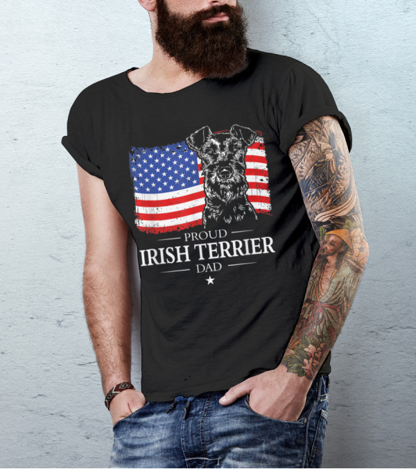 Proud Irish Terrier Dad With American Flag Background T-Shirt