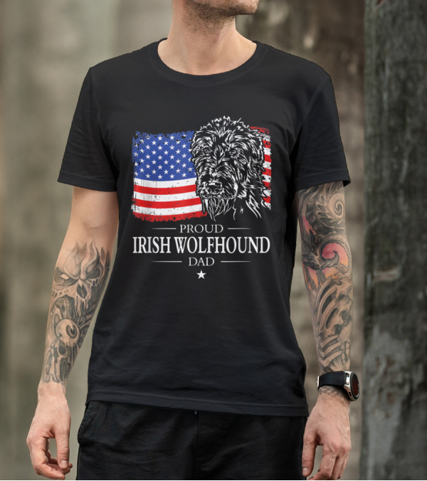 Proud Irish Wolfhound Dad American Flag T-Shirt