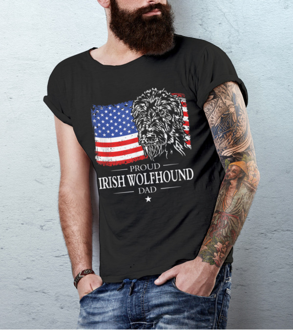 Proud Irish Wolfhound Dad American Flag T-Shirt