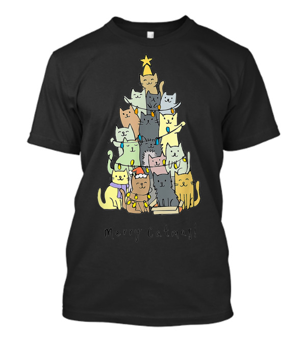 Merry Catmas Funny Cats Christmas Tree With Star And Decorations T-Shirt