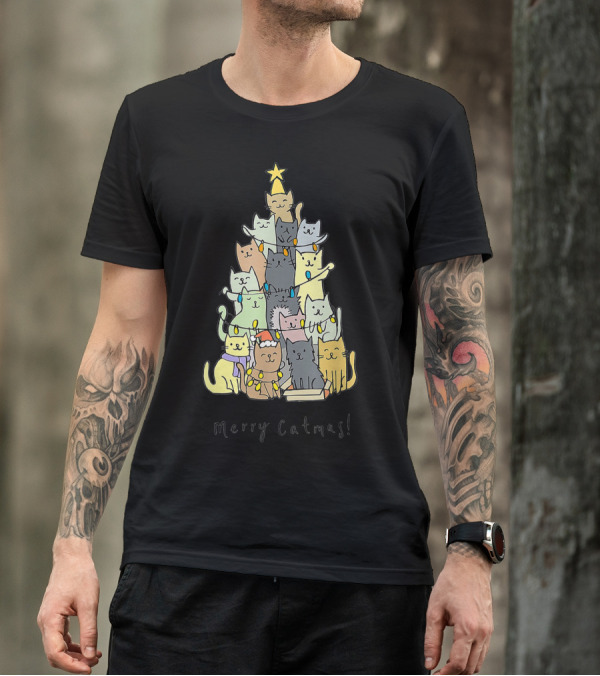 Merry Catmas Funny Cats Christmas Tree With Star And Decorations T-Shirt