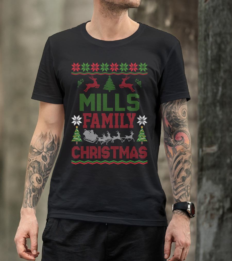 Mills Family Christmas Reindeer Sleigh Ugly Sweater Holiday Trees T-Shirt