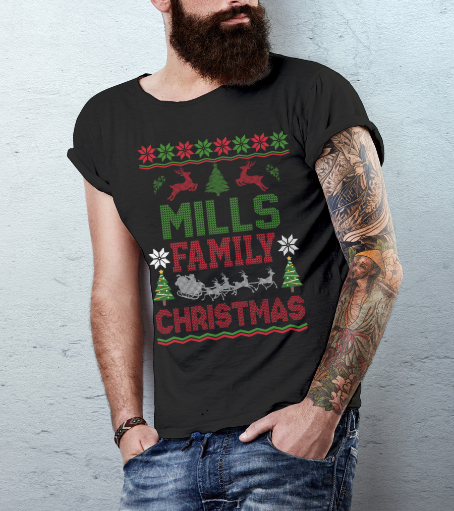 Mills Family Christmas Reindeer Sleigh Ugly Sweater Holiday Trees T-Shirt