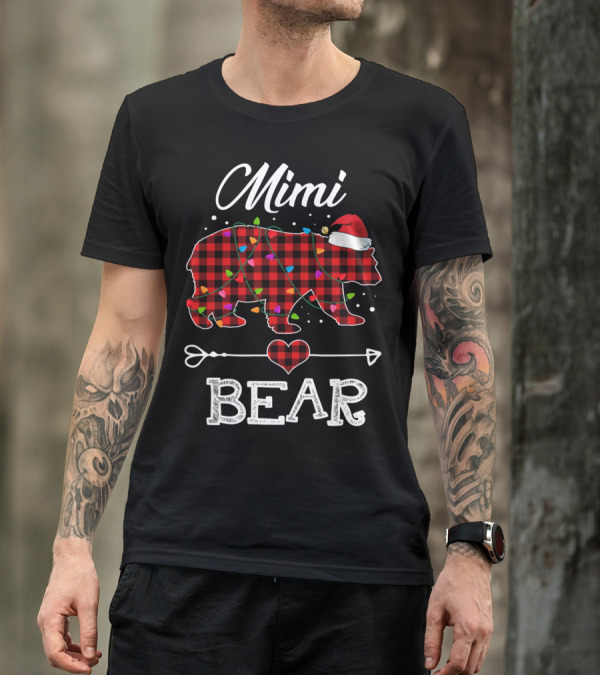 Mimi Bear Christmas Red Plaid Buffalo Santa Hat Lights T-Shirt