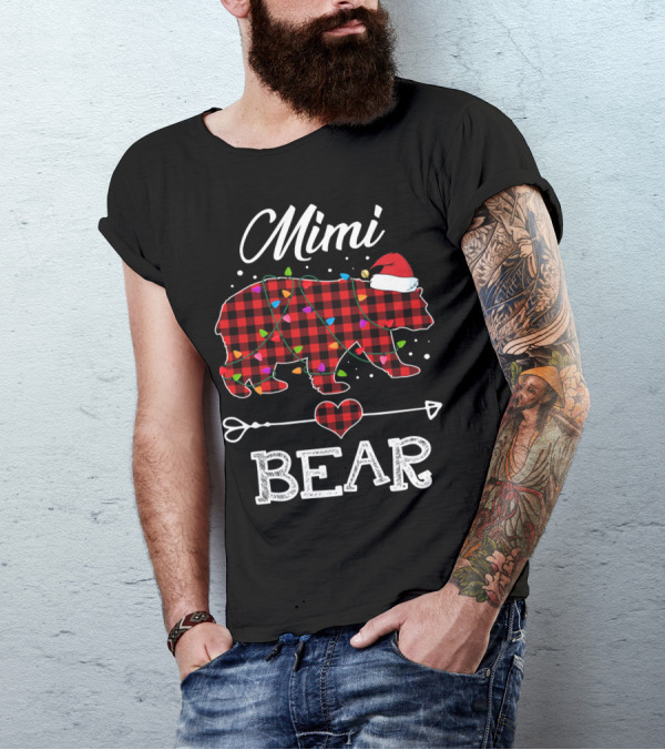 Mimi Bear Christmas Red Plaid Buffalo Santa Hat Lights T-Shirt
