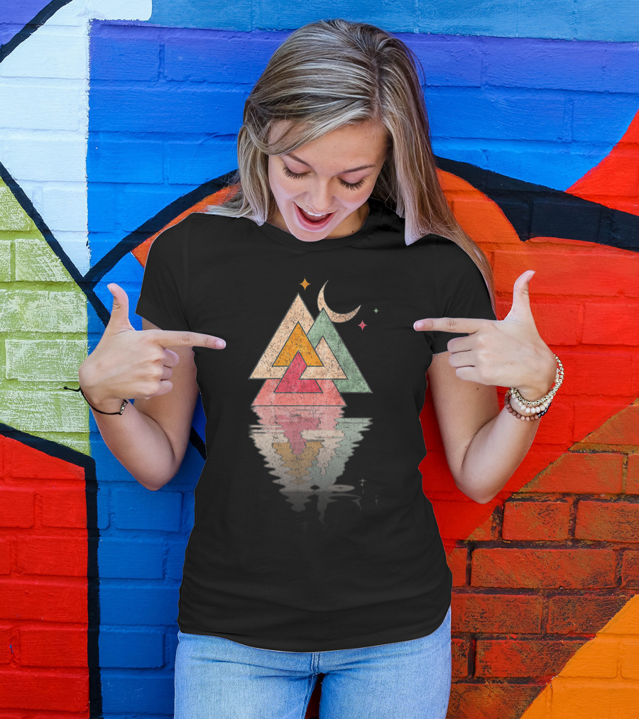 Minimal Mountains Valknut Geometry Moon Reflection T-Shirt