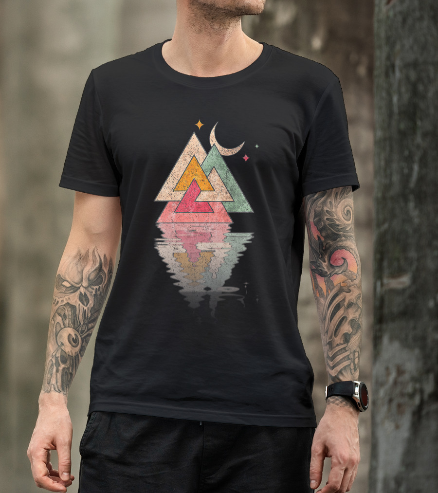 Minimal Mountains Valknut Geometry Moon Reflection T-Shirt