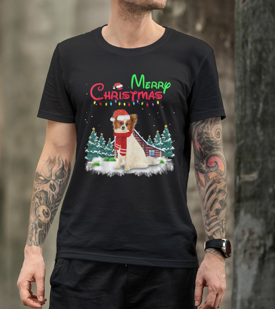 Papillon Dog With Santa Hat And Christmas Lights In Snowy Holiday Scene T-Shirt