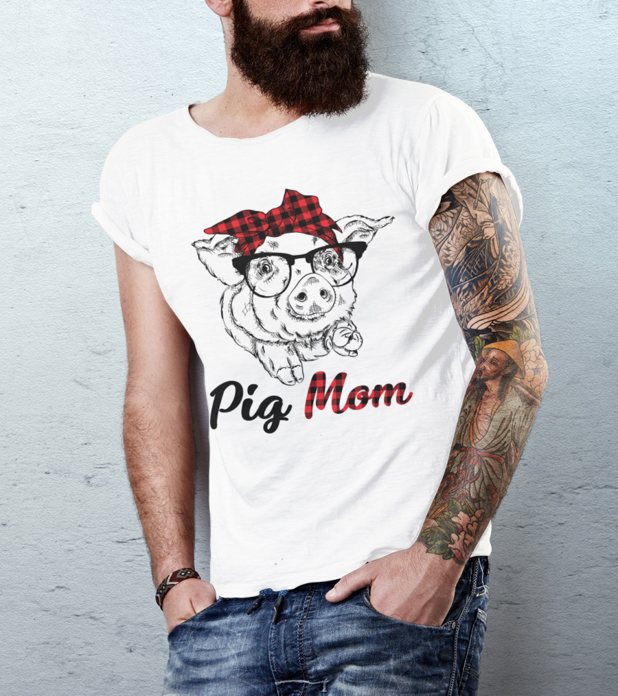 Pig Mom Piggy Outfit Mother Plaid Bow Glasses T-Shirt