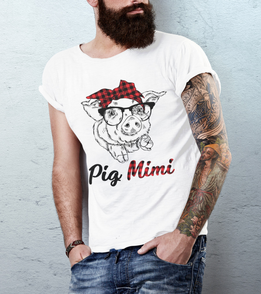 Pig Mimi Glasses Checkered Bow T-Shirt