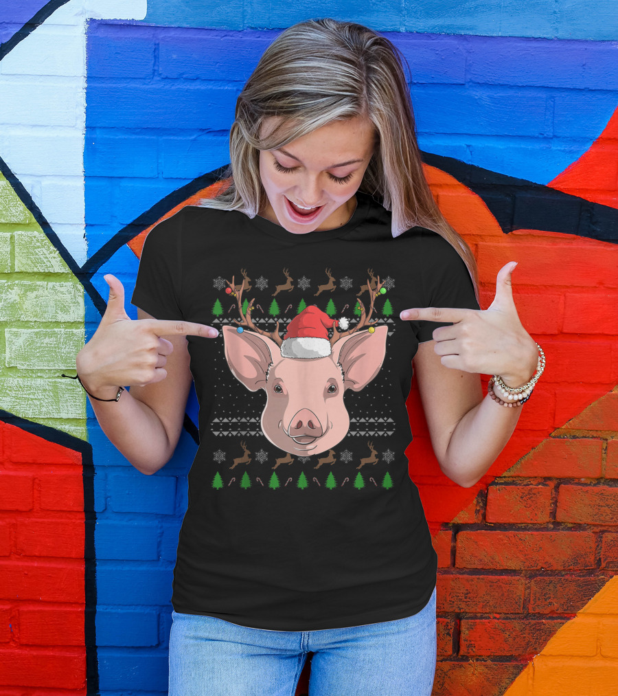 Pig Santa Claus Hat Reindeer Antlers Christmas Ornaments T-Shirt
