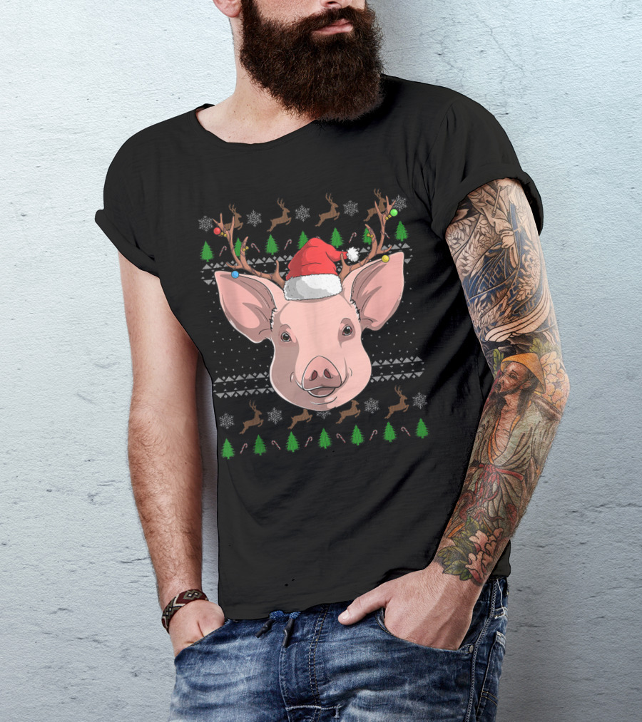 Pig Santa Claus Hat Reindeer Antlers Christmas Ornaments T-Shirt