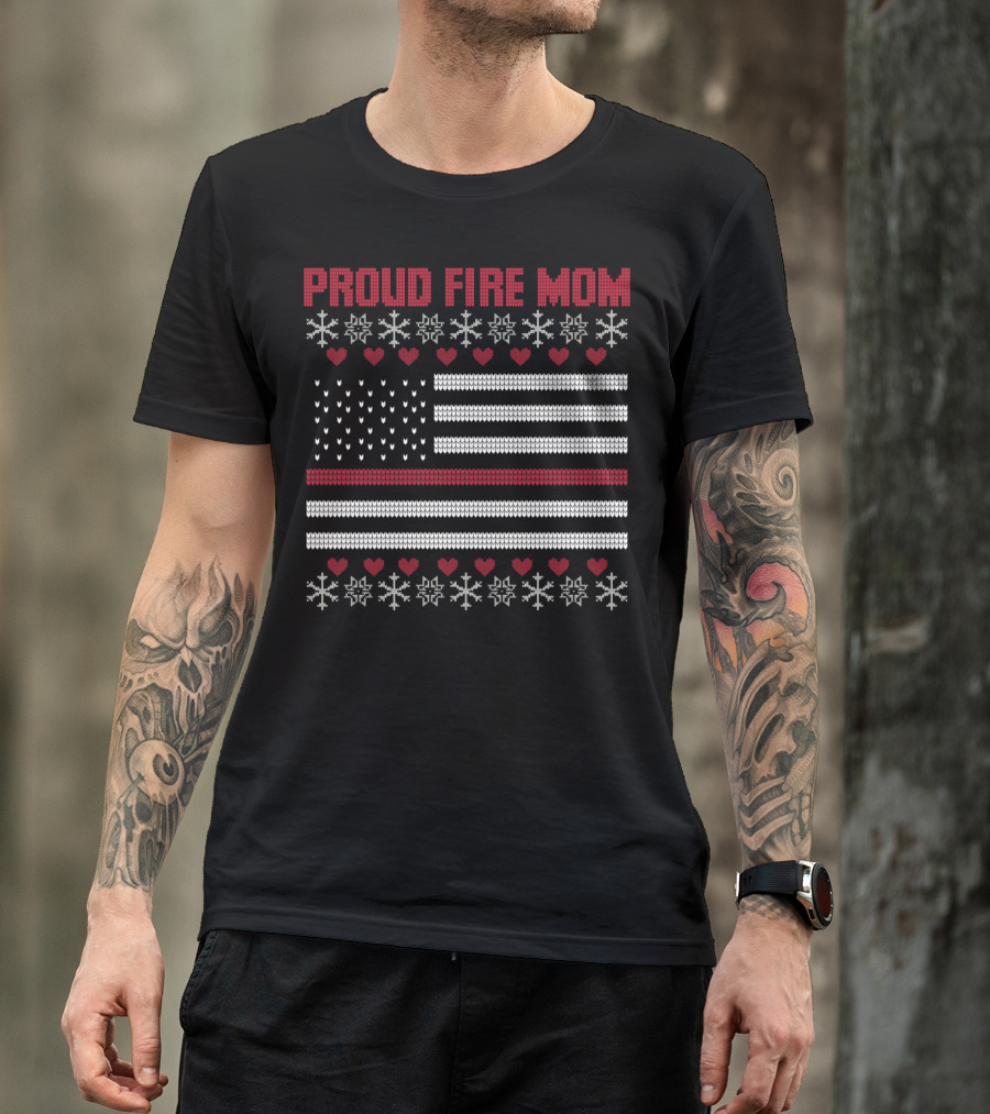 Proud Fire Mom Thin Red Line American Flag Snowflakes Hearts T-Shirt