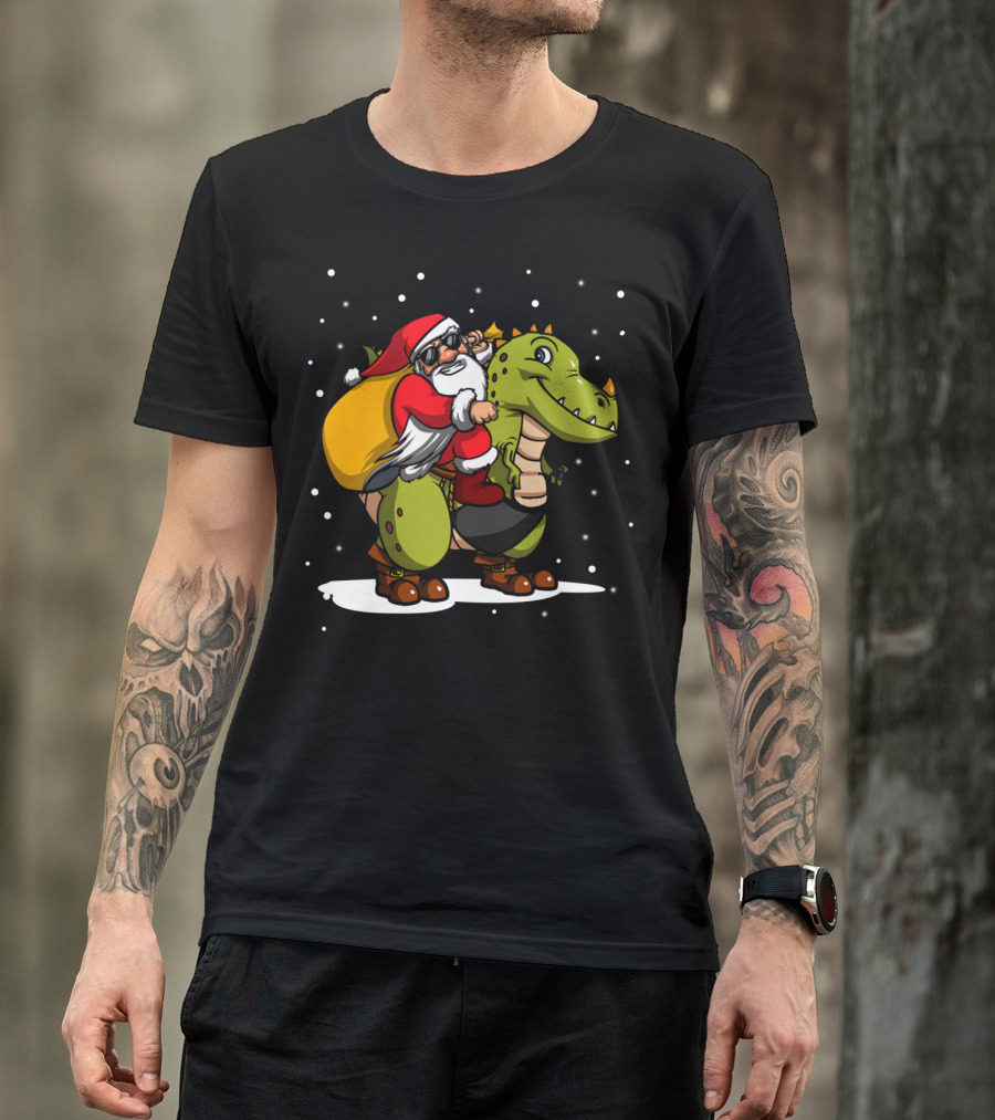 Santa Riding Dinosaur Christmas Trex Snowy Night Scene T-Shirt