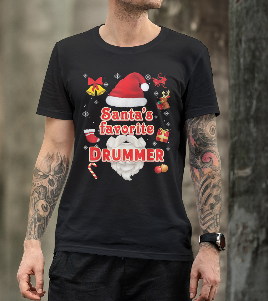 Santa's Favorite Drummer Christmas Santa Hat Reindeer Gift Bells Snowflakes Candy Cane Ornaments T-Shirt