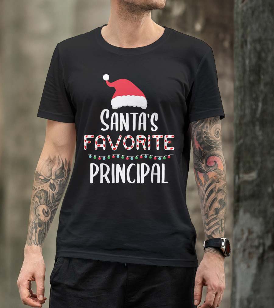 Santa's Favorite Principal Christmas Hat And Lights T-Shirt