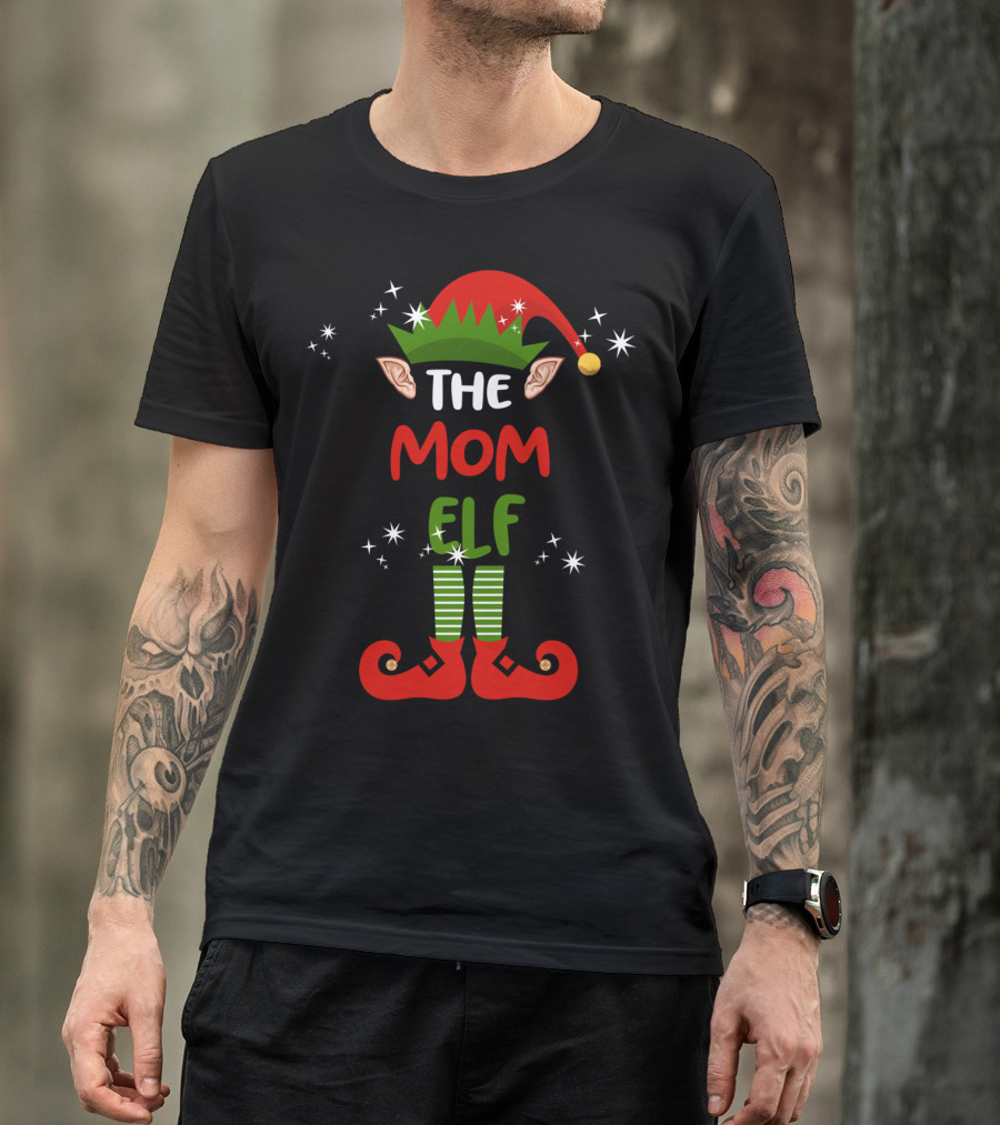 The Mom Elf Funny Christmas Elf Hat Ears Striped Socks Red Shoes T-Shirt