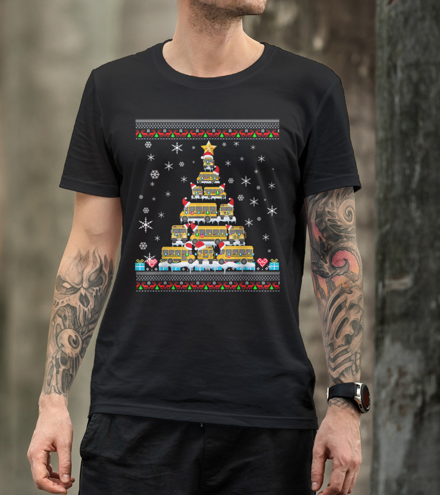 Ugly Christmas Tree Built From School Buses With Snowflakes And Holiday Decorations For Bus Driver Lovers T-Shirt