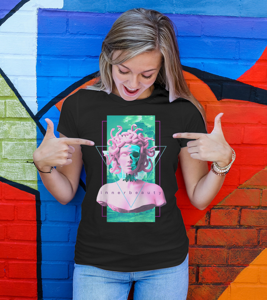 Vaporwave Inner Beauty Medusa Statue With Skull Aesthetic T-Shirt
