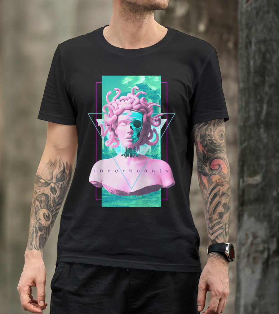 Vaporwave Inner Beauty Medusa Statue With Skull Aesthetic T-Shirt