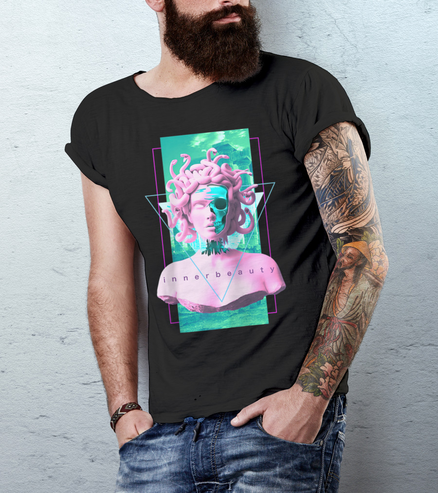 Vaporwave Inner Beauty Medusa Statue With Skull Aesthetic T-Shirt
