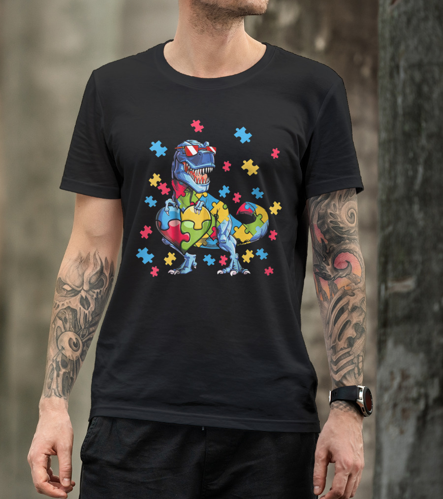 Dinosaur T-Rex Holding Puzzle Heart Autism Awareness T-Shirt