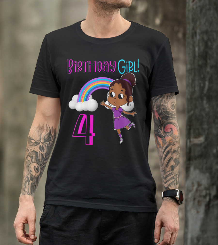 Birthday Girl 4 African American Rainbow And Girl In Purple Dress T-Shirt