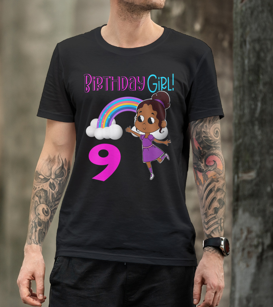 Birthday Girl 9 African American Rainbow Purple Dress T-Shirt