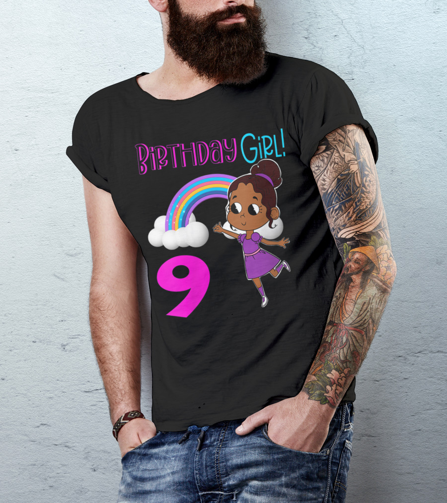 Birthday Girl 9 African American Rainbow Purple Dress T-Shirt