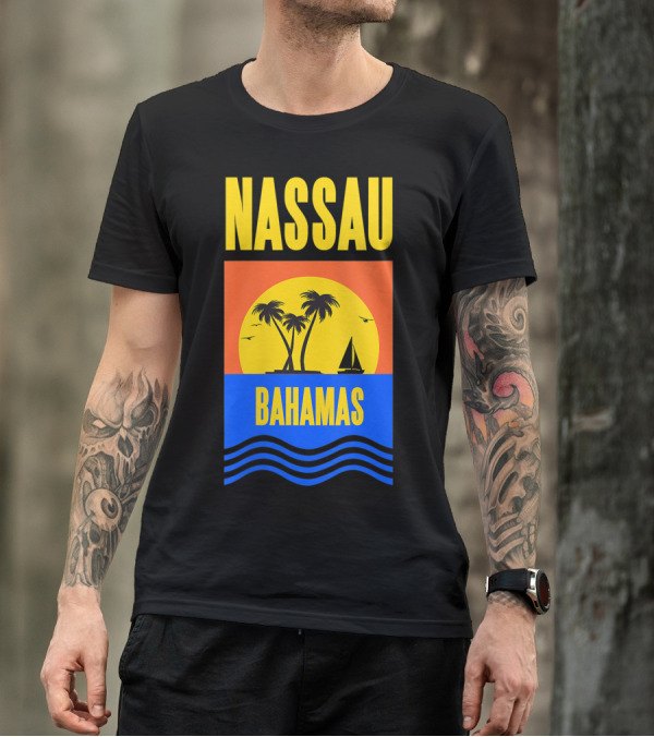 Nassau Bahamas Sunset Palm Trees And Sailboat Ocean Waves T-Shirt