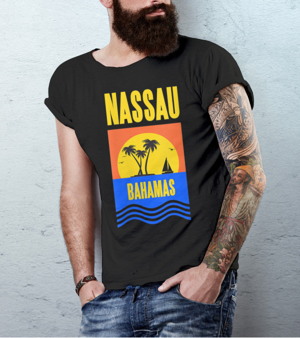 Nassau Bahamas Sunset Palm Trees And Sailboat Ocean Waves T-Shirt