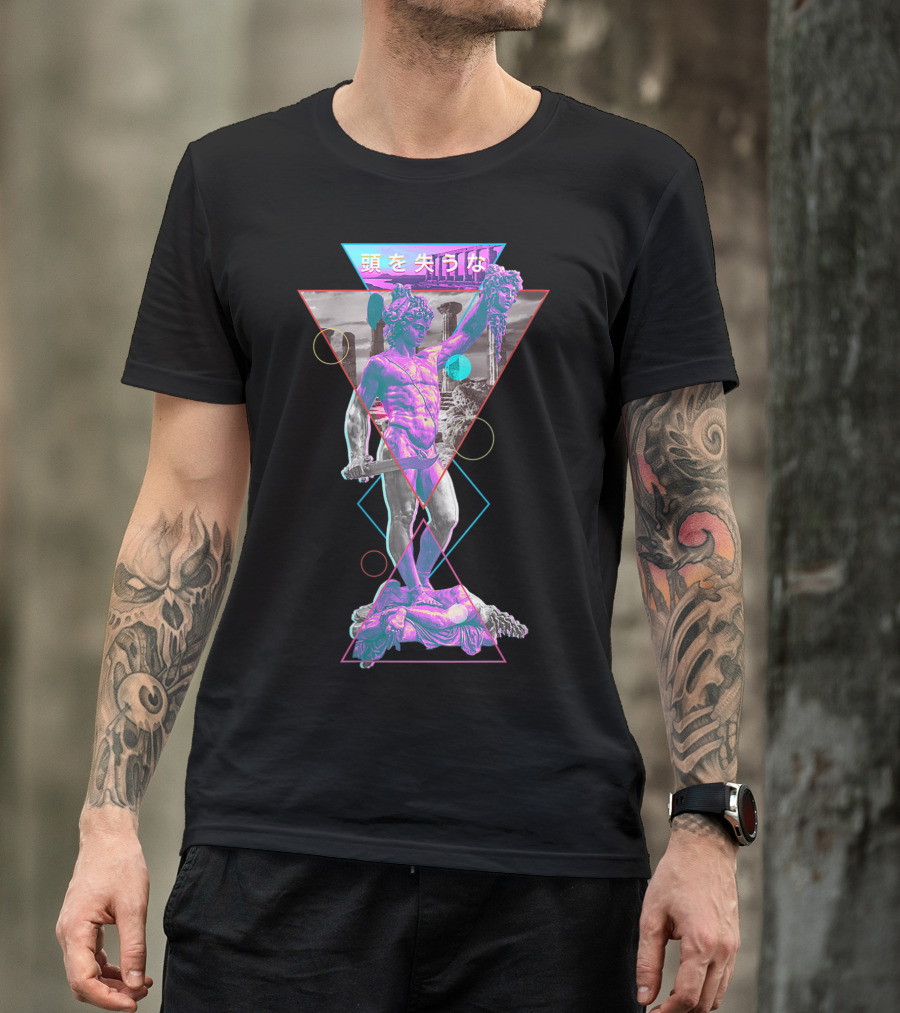 Perseus And Medusa Vaporwave Aesthetic With Japanese Text And Geometric Shapes T-Shirt