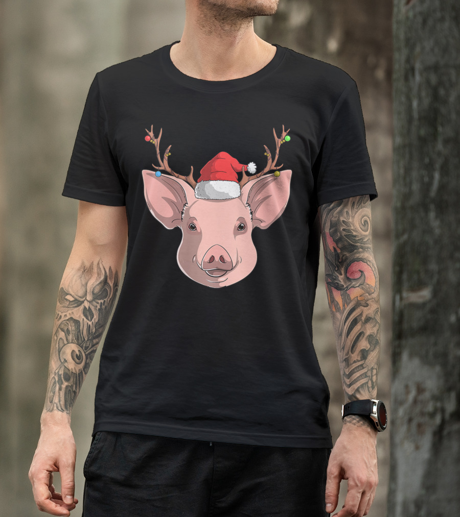 Pig With Santa Hat And Reindeer Antlers T-Shirt