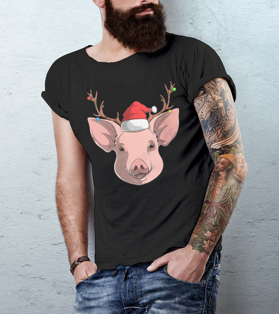 Pig With Santa Hat And Reindeer Antlers T-Shirt