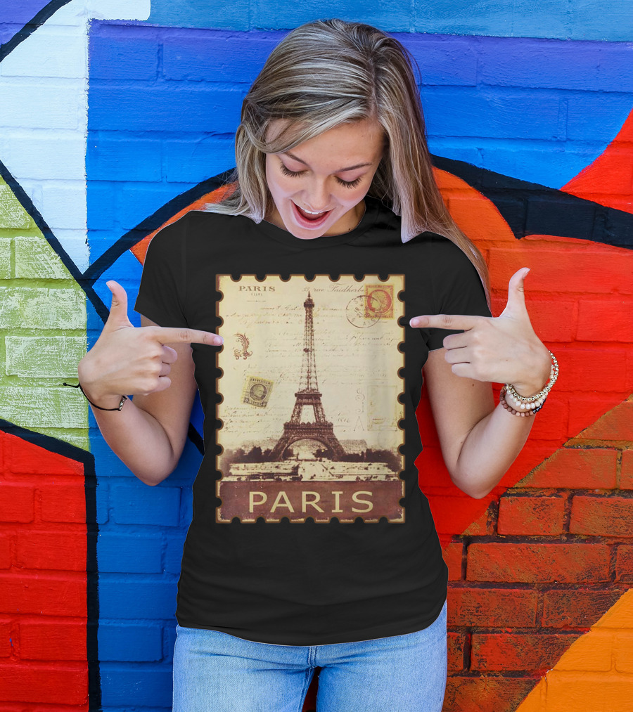 Paris Eiffel Tower Vintage Distressed Postage Stamp T-Shirt