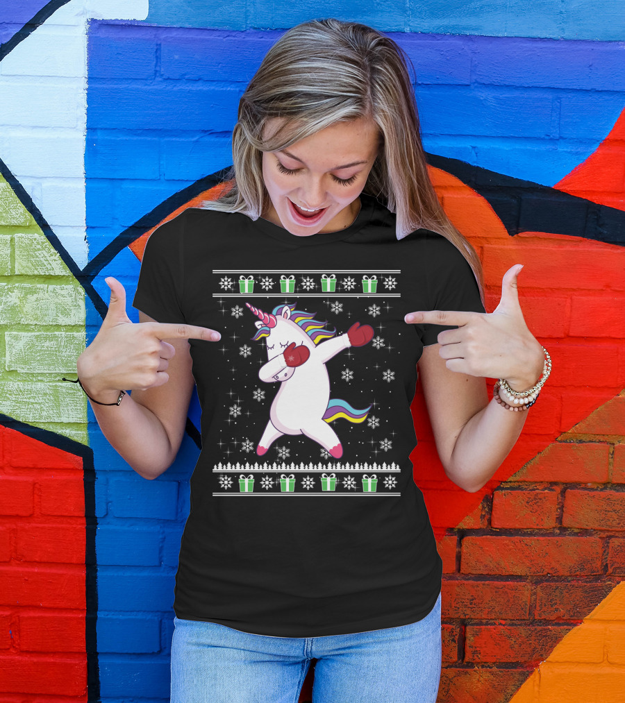 Unicorn Dabbing Christmas Presents Snowflakes Holiday Ugly T-Shirt