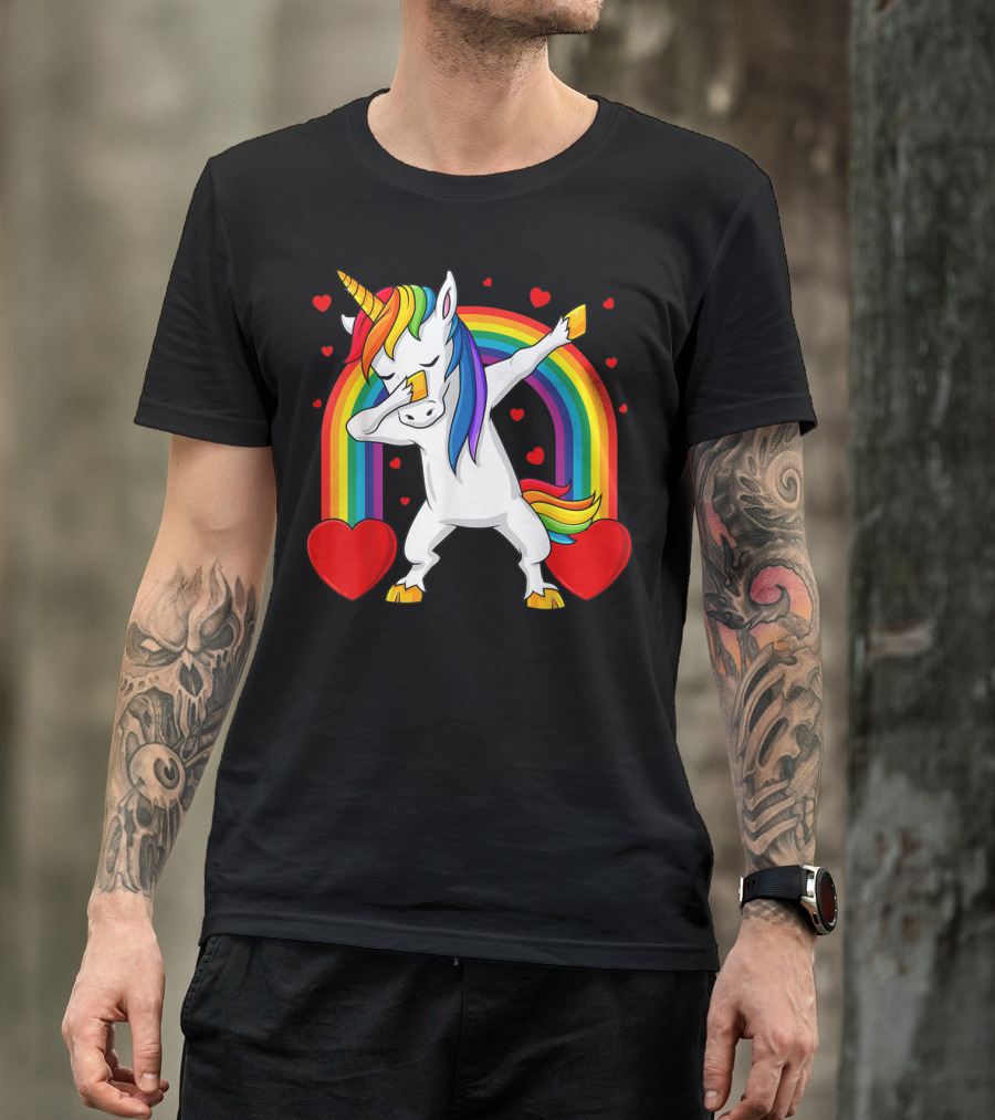 Dabbing Unicorn With Rainbow And Hearts T-Shirt