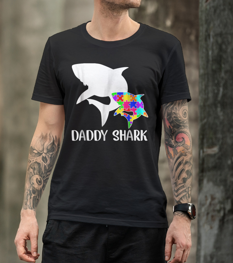 Daddy Shark Autism Awareness Puzzle Colorful T-Shirt