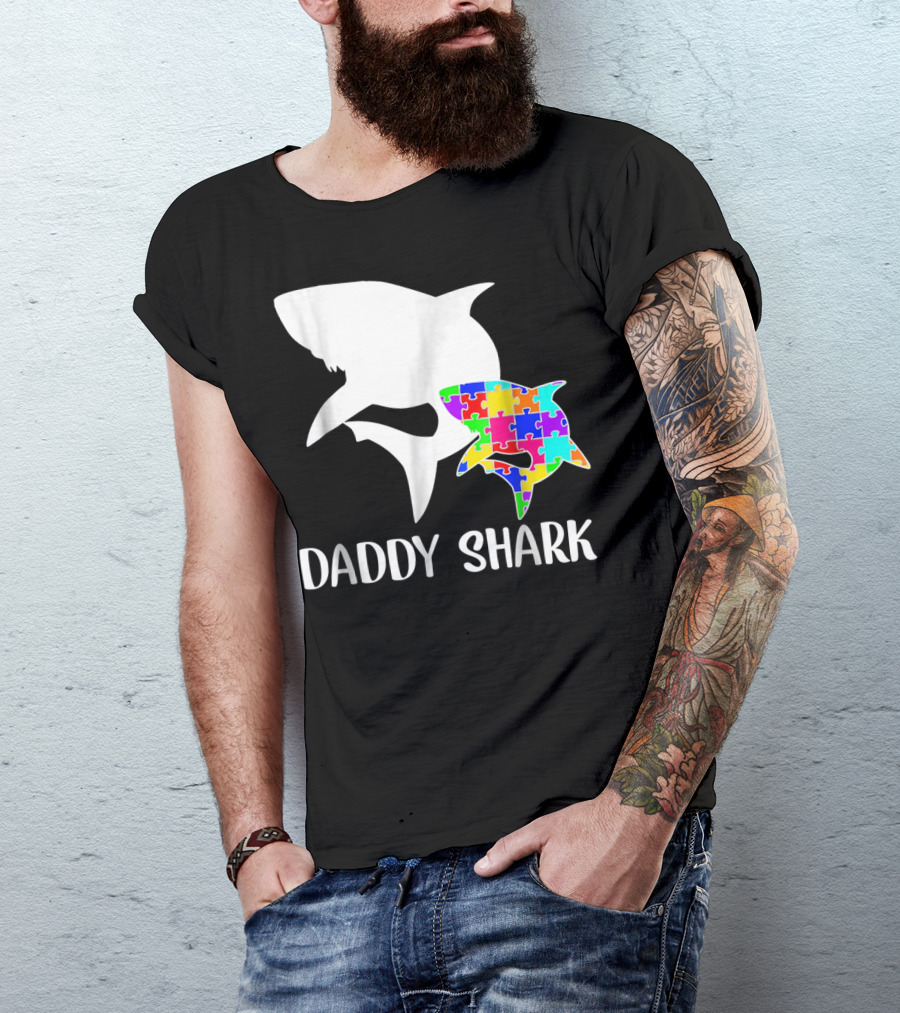 Daddy Shark Autism Awareness Puzzle Colorful T-Shirt