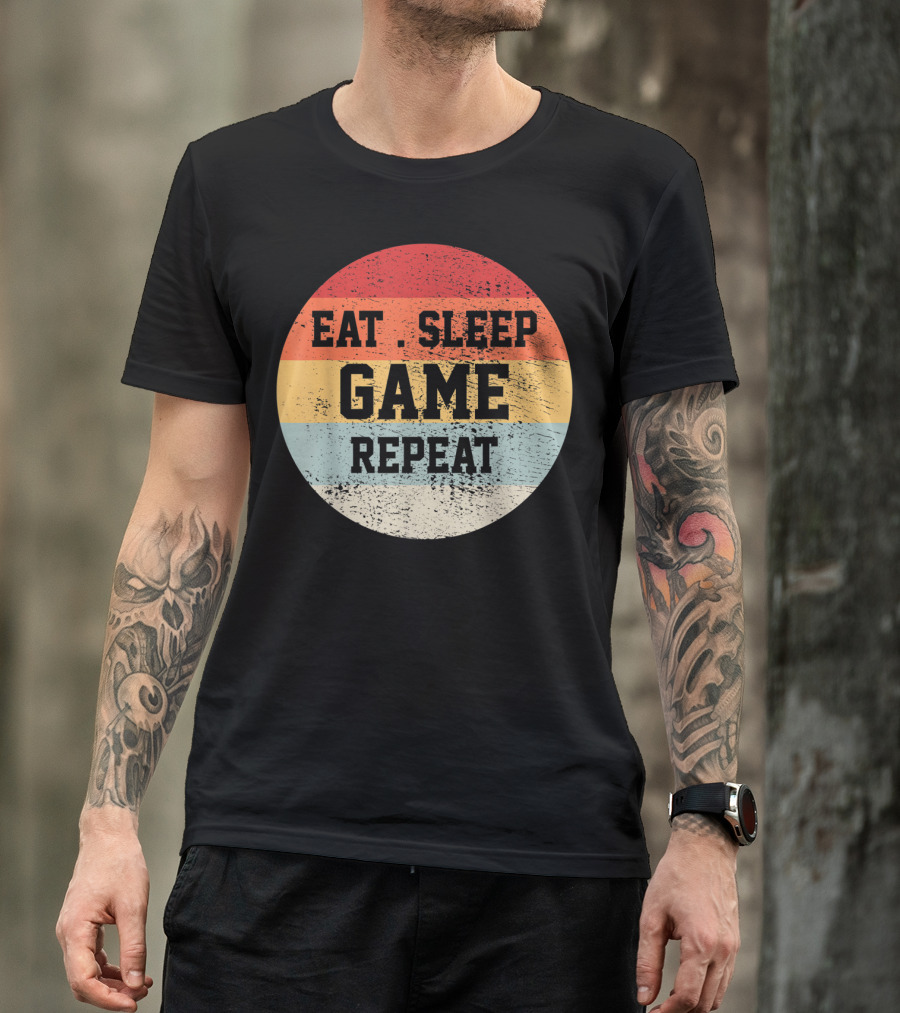 Eat Sleep Game Repeat Vintage Retro Stripes T-Shirt