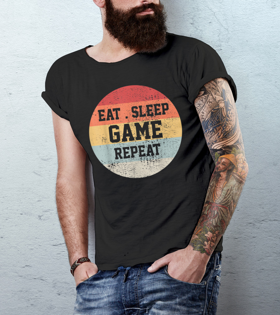 Eat Sleep Game Repeat Vintage Retro Stripes T-Shirt