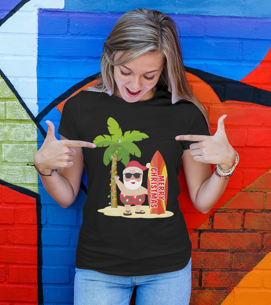 Merry Christmas Hawaiian Funny Ugly Cute Surfing Santa Holiday T-Shirt