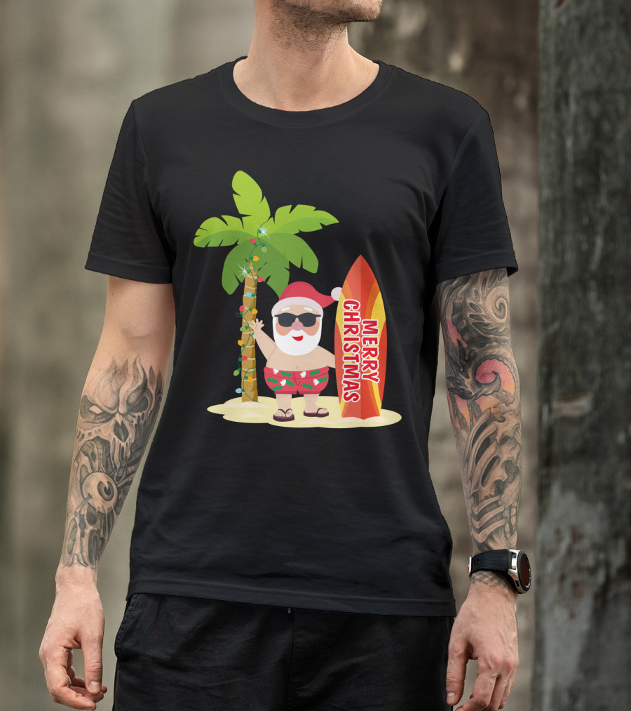 Merry Christmas Hawaiian Funny Ugly Cute Surfing Santa Holiday T-Shirt
