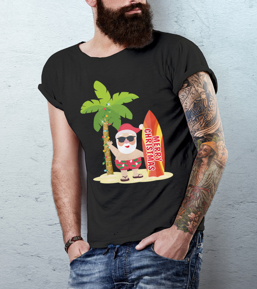 Merry Christmas Hawaiian Funny Ugly Cute Surfing Santa Holiday T-Shirt