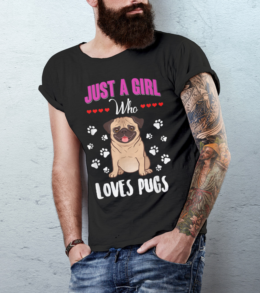 Just A Girl Who Loves Pugs With Paw Prints And Hearts T-Shirt