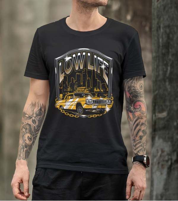 Lowrider Classic Car Low Life Skyline Scene T-Shirt