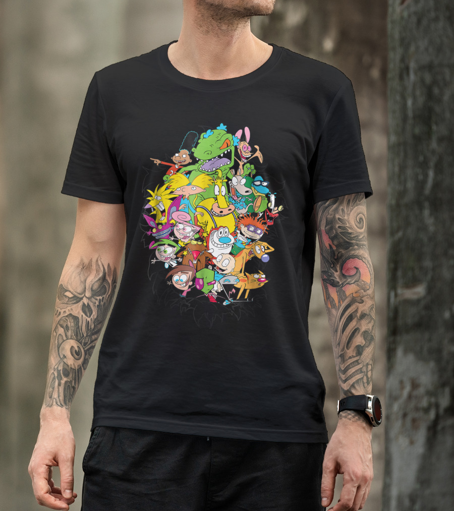 Nickelodeon Classic Characters Rugrats Hey Arnold Rocko's Modern Life Ren And Stimpy CatDog Fairly OddParents All Real Monsters Explosion T-Shirt