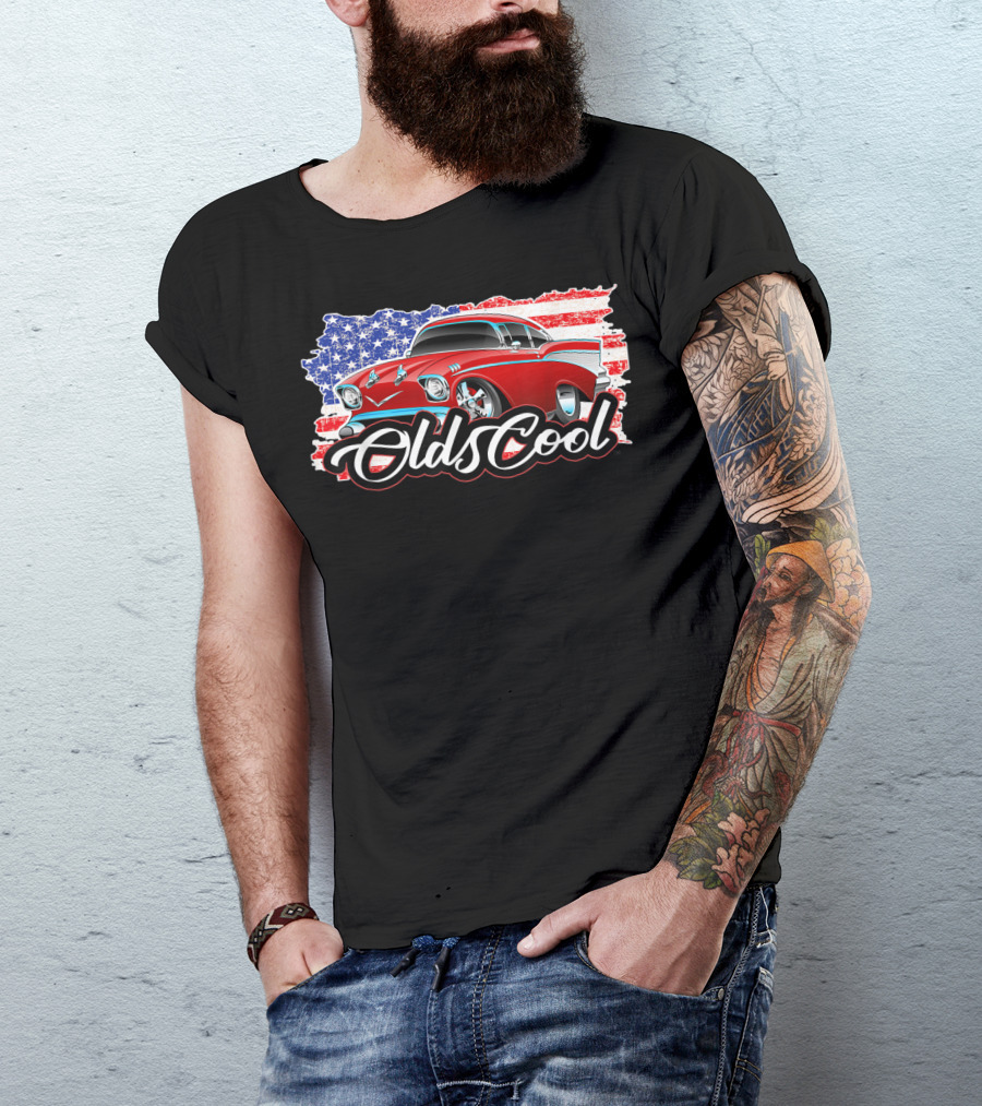 Olds Cool Classic Car 1957 American Flag Graphics T-Shirt